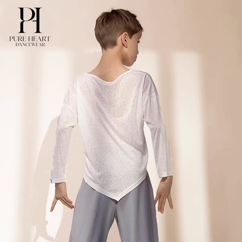 Boys dance practice loose fit top white with long sleeves
