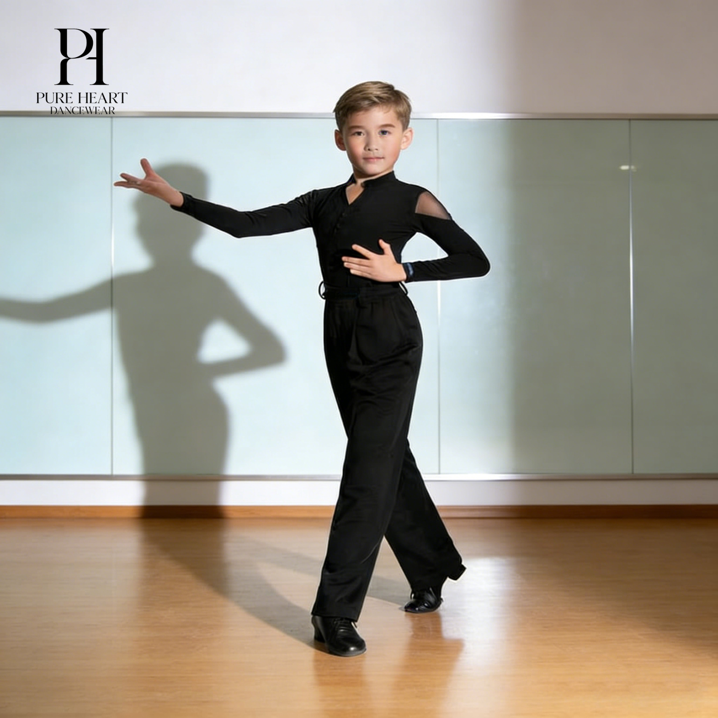 Boys’ Dance Practice Top with Mesh Waistline – Long Sleeve Stretch Shirt for Latin & Ballroom