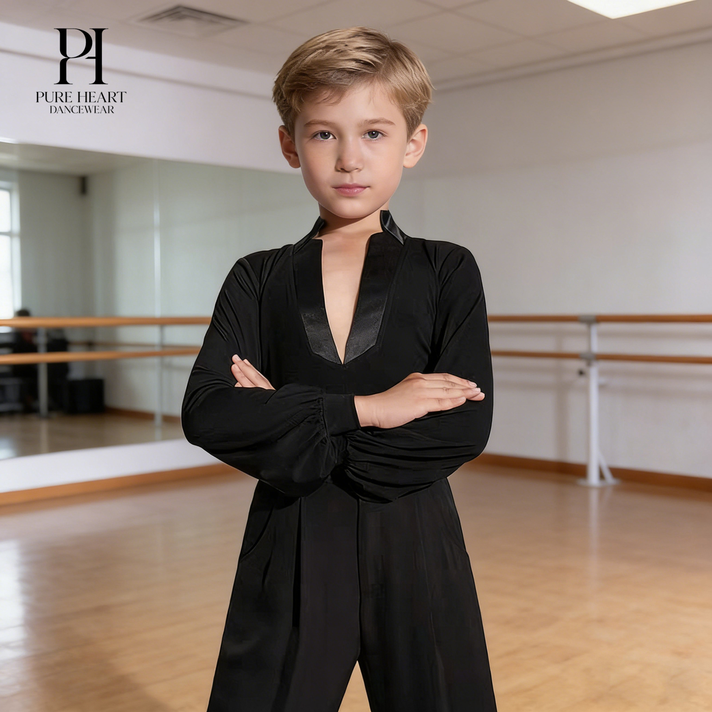 Boys' Low-V Satin Collar and Puffy Sleeves Latin Practice Top