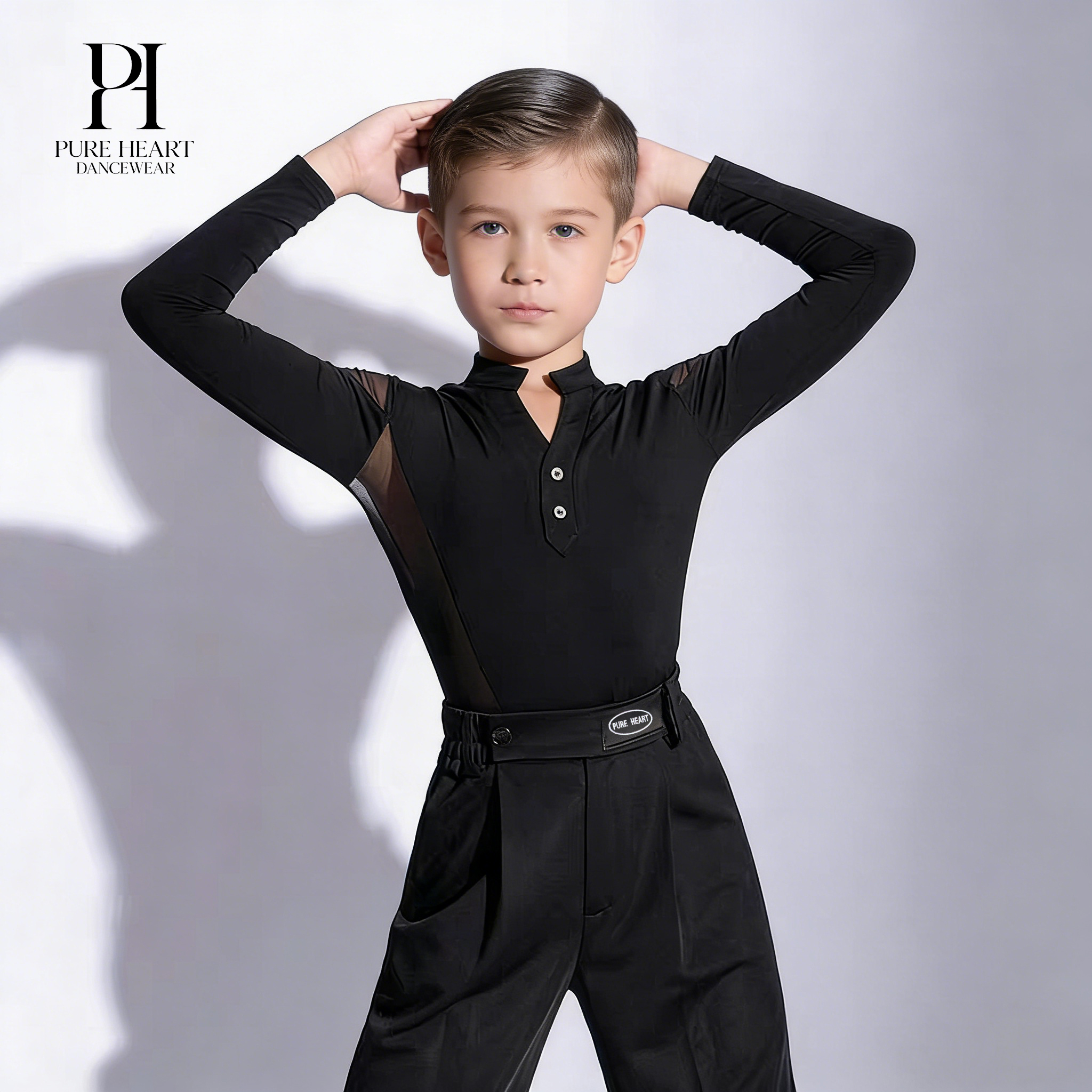 Boys dance practice top with mesh long sleeves