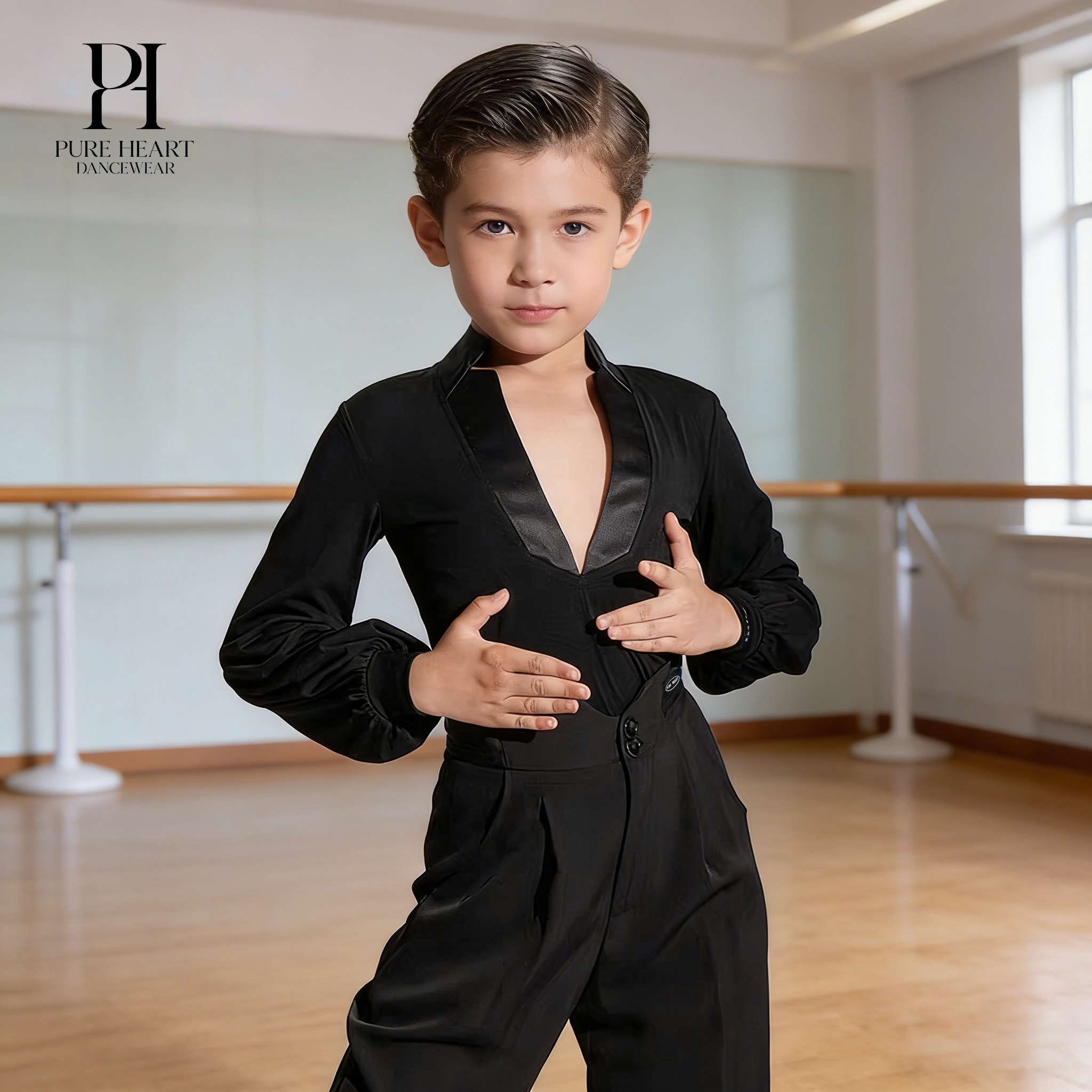 Boys' Low-V Satin Collar and Puffy Sleeves Latin Practice Top