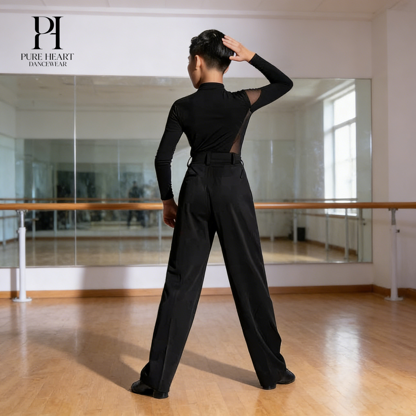 Boys’ Dance Practice Top with Mesh Waistline – Long Sleeve Stretch Shirt for Latin & Ballroom