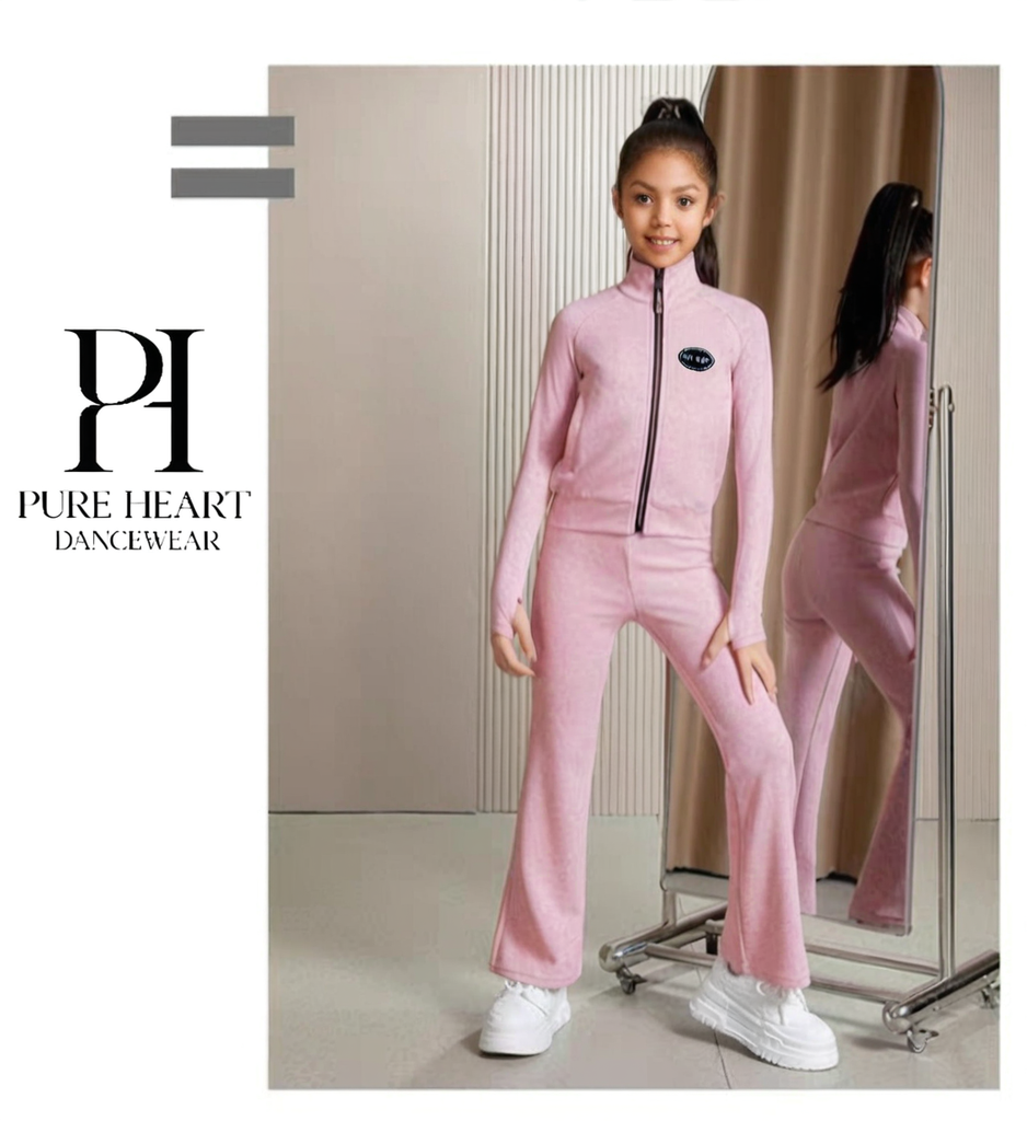 Girls’ Zip-Up Dance Jacket & Flared Trousers Set – Stretch Practice Wear