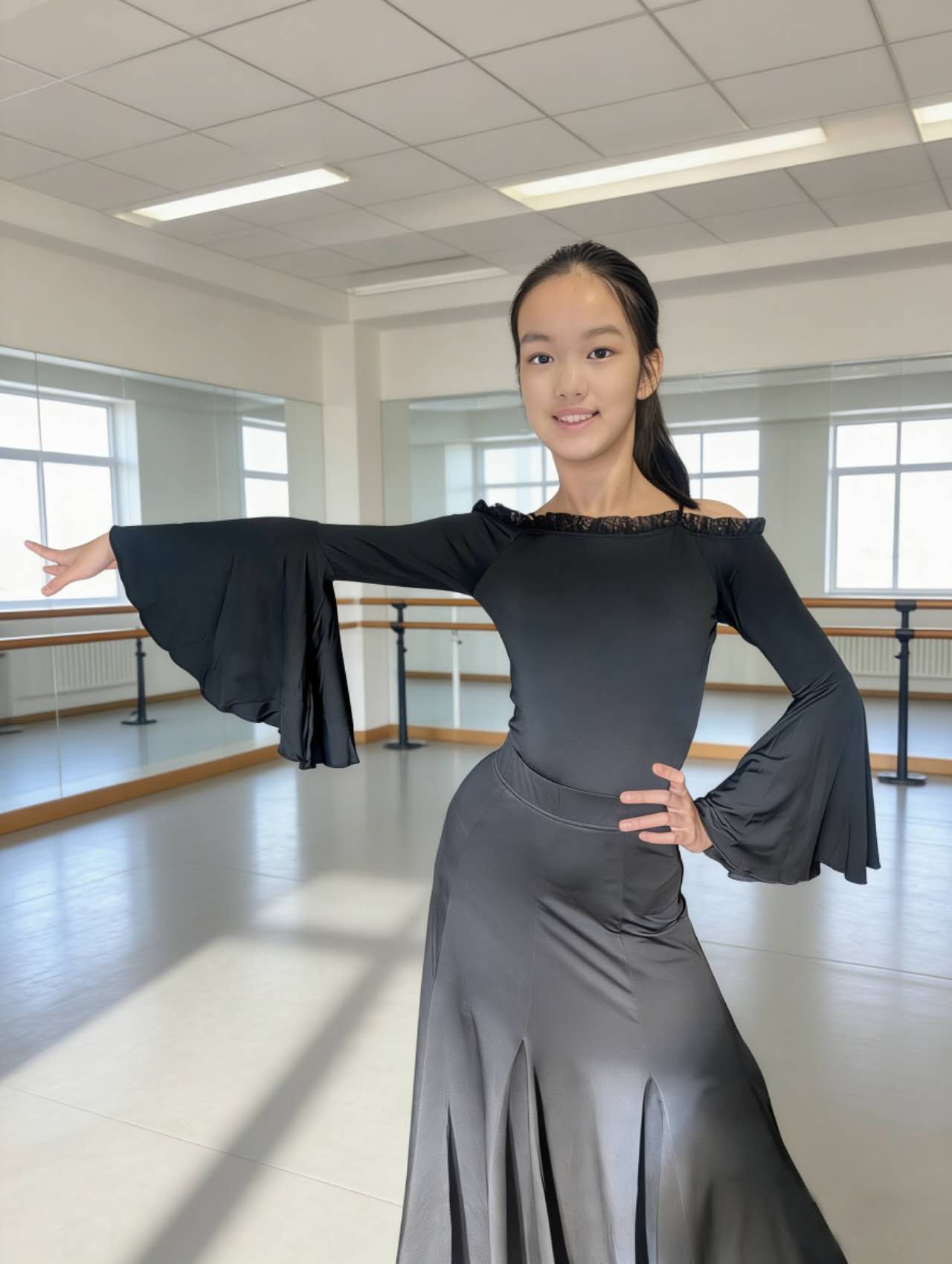 Women Ballroom and American Smooth Leotard Top with Flared Sleeves