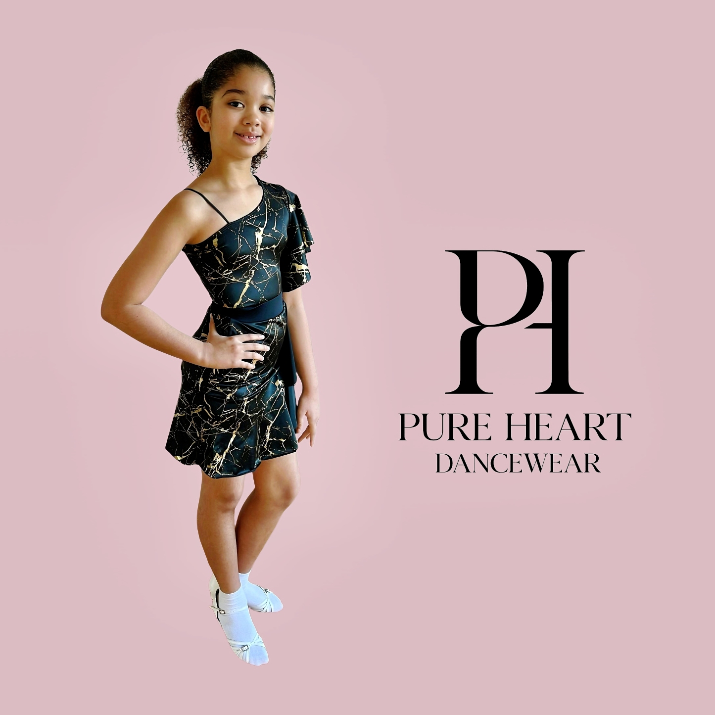 Black and Golden Marble Print Leotard and Skirt Dance Practice Set (with shoulder strap)