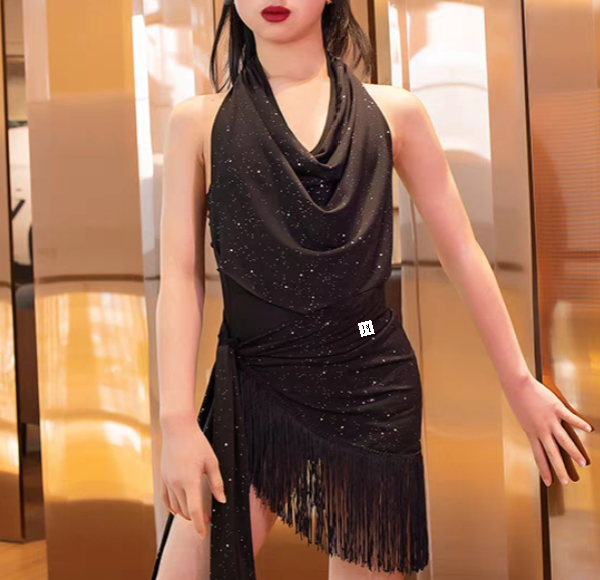 2-Piece Shimmer Drape Latin Dance Practice Set – Girls’ Glitter Halter Leotard & Fringe Skirt