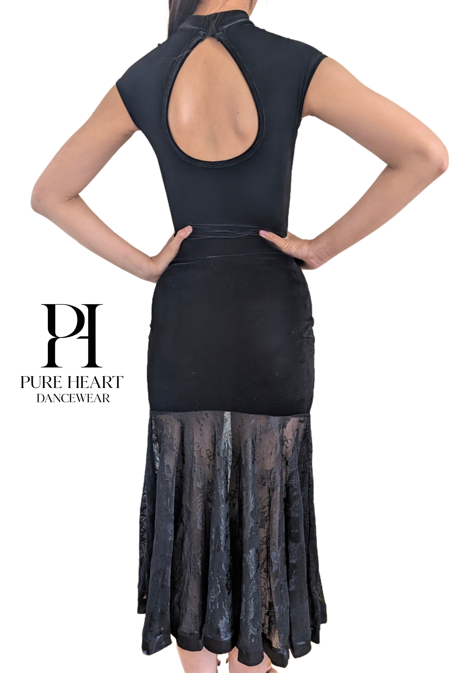 Velvet Open-Back Leotard & Lace-Panel Skirt Ballroom Set