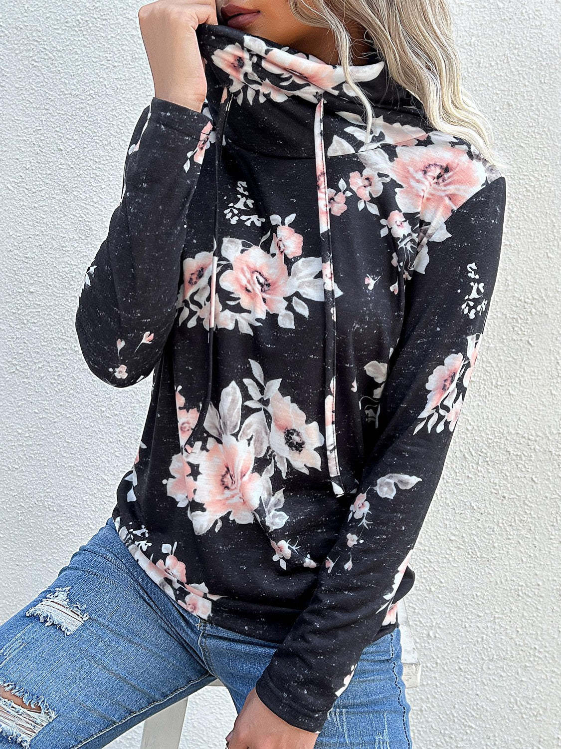 Floral Cowl Neck Sweatshirt - Adjustable Drawstring, Long Sleeve Top Sweatshirts - Chuzko Women Clothing