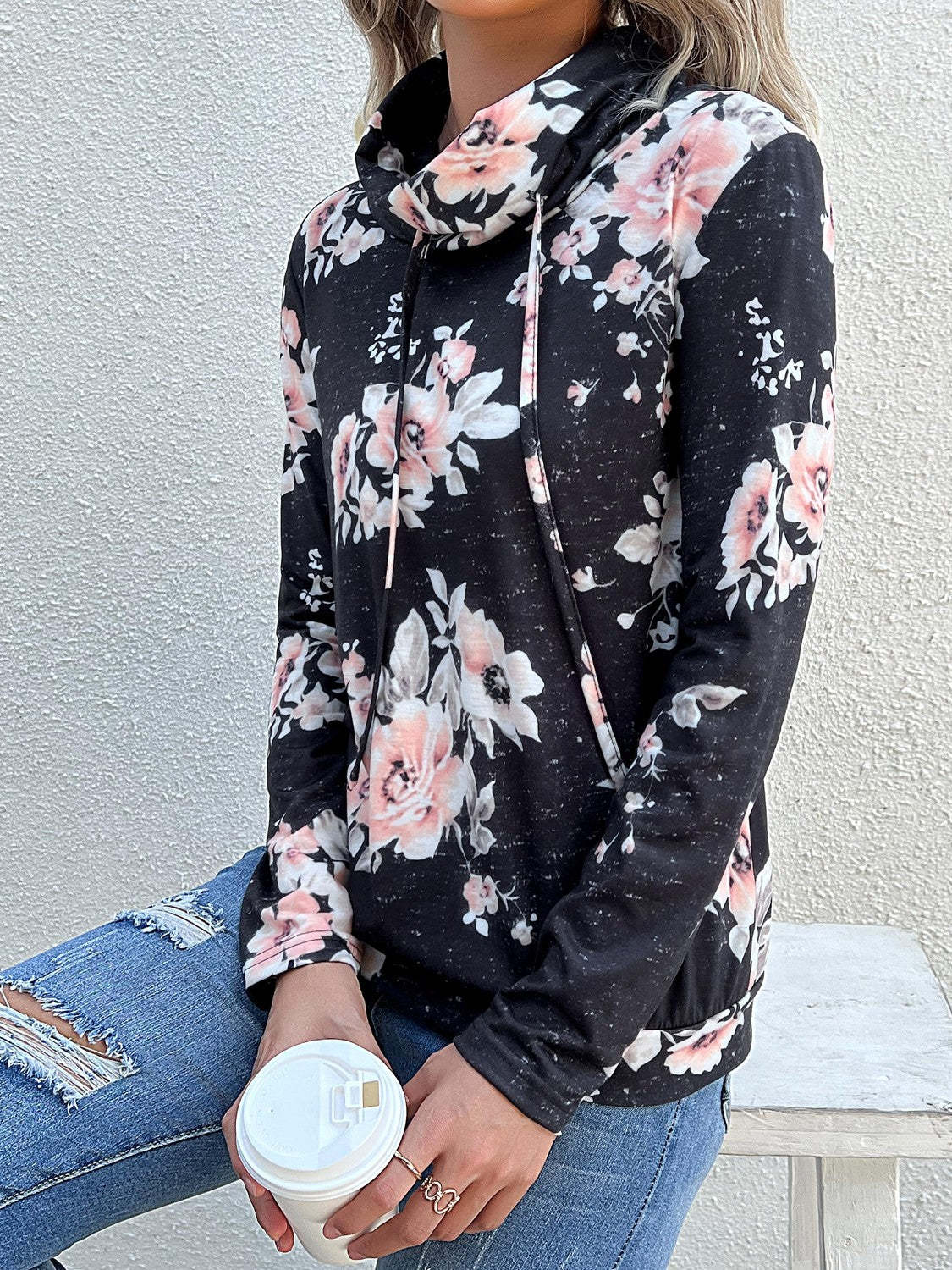 Floral Cowl Neck Sweatshirt - Adjustable Drawstring, Long Sleeve Top Sweatshirts - Chuzko Women Clothing