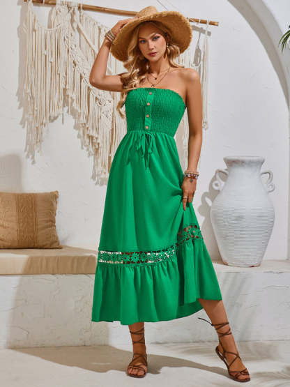 A-Line Dresses- Women's Smocked Bodice A-Line Tube Dress in Solids- Green- Chuzko Women Clothing