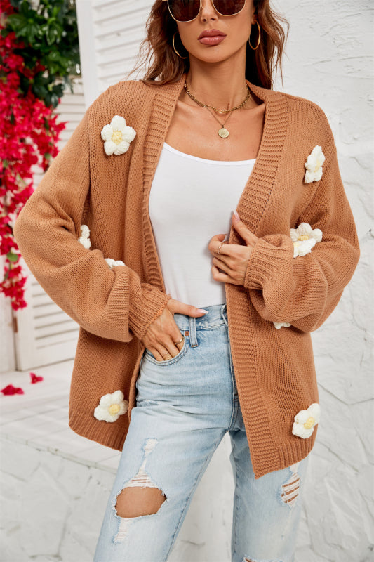 Flowers Knitted Buttonless Sweater Cardigan Cardigans - Chuzko Women Clothing