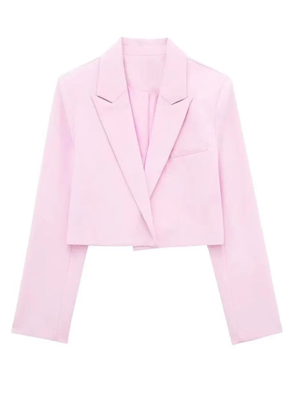 Blazer- Notch Lapel Crop Blazer in Pink- Pink- Chuzko Women Clothing