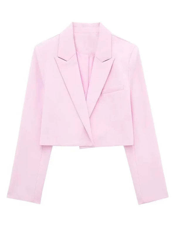 Blazer- Notch Lapel Crop Blazer in Pink- Pink- Chuzko Women Clothing