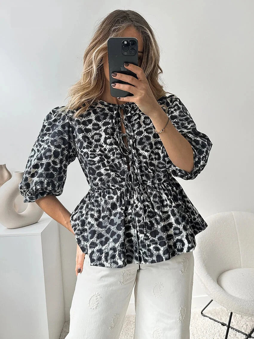 Blouses- Leopard Print Tie-Up Peplum Blouse- Gray- Chuzko Women Clothing