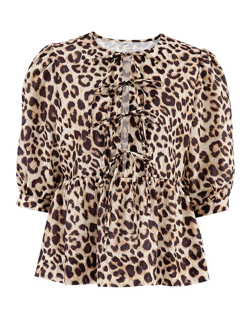 Blouses- Leopard Print Tie-Up Peplum Blouse- - Chuzko Women Clothing