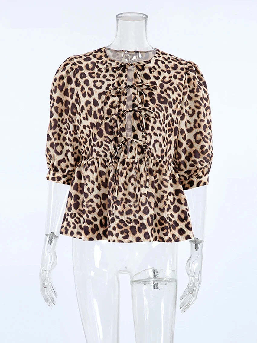 Blouses- Leopard Print Tie-Up Peplum Blouse- - Chuzko Women Clothing