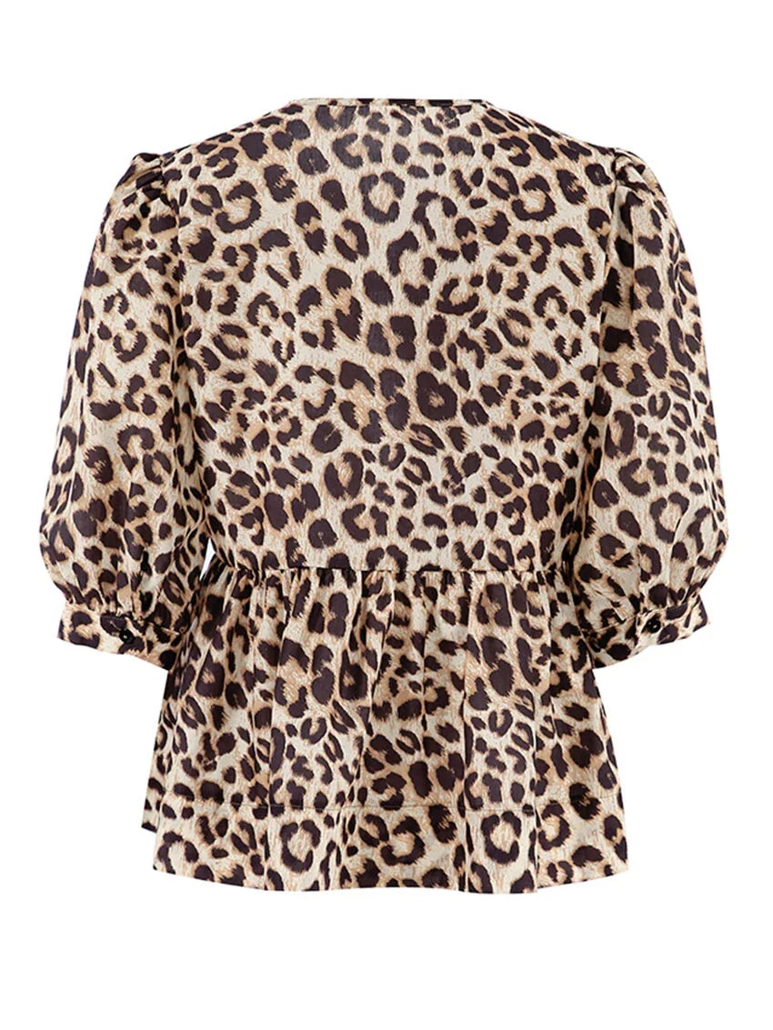 Blouses- Leopard Print Tie-Up Peplum Blouse- - Chuzko Women Clothing