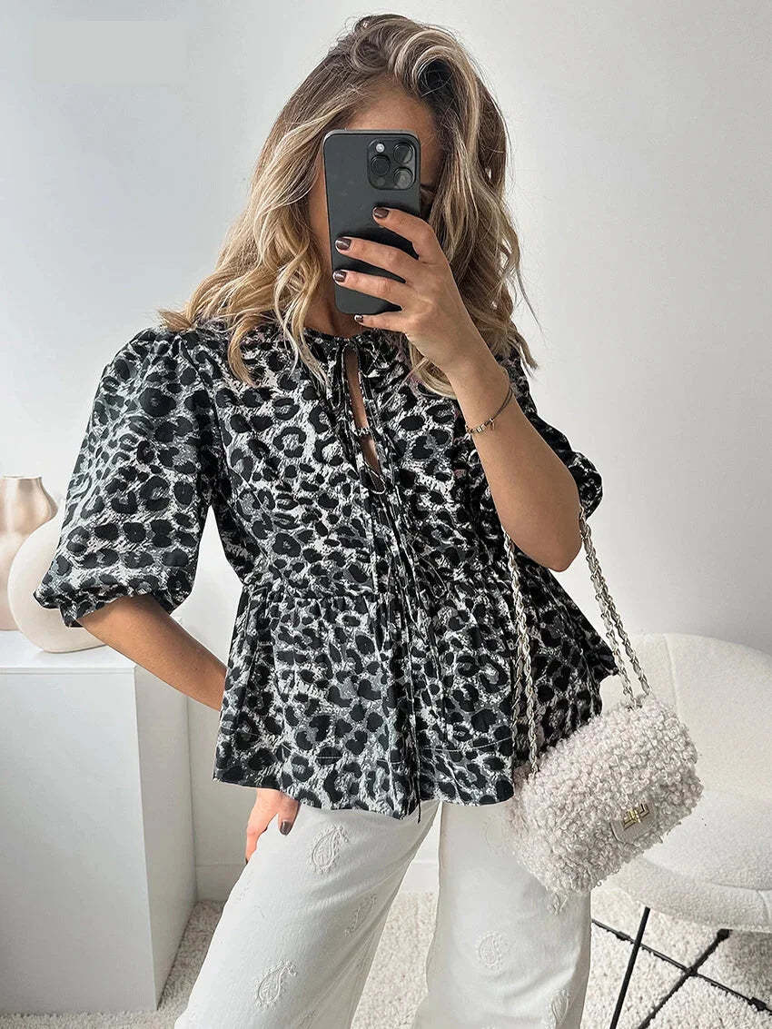 Blouses- Leopard Print Tie-Up Peplum Blouse- - Chuzko Women Clothing