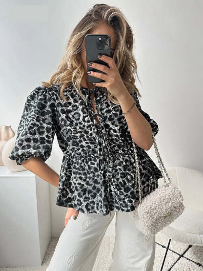 Blouses- Leopard Print Tie-Up Peplum Blouse- - Chuzko Women Clothing