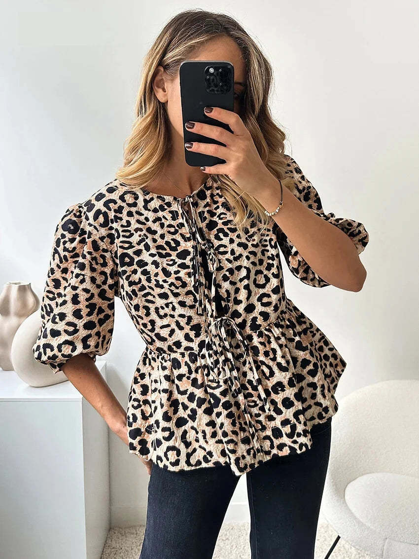 Blouses- Leopard Print Tie-Up Peplum Blouse- Khaki- Chuzko Women Clothing