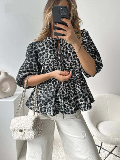 Blouses- Leopard Print Tie-Up Peplum Blouse- - Chuzko Women Clothing