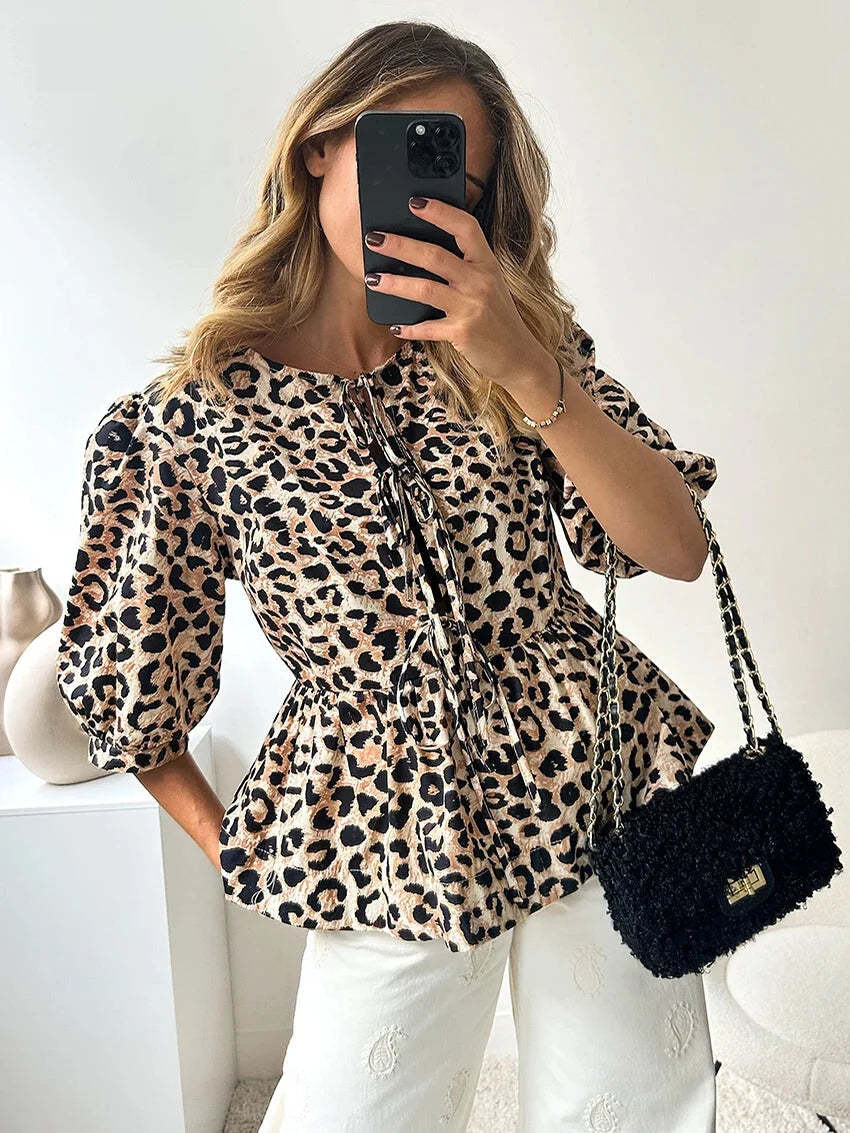 Blouses- Leopard Print Tie-Up Peplum Blouse- - Chuzko Women Clothing