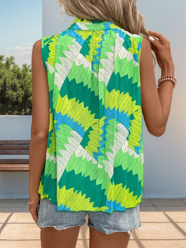 Blouses- Women Stand Collar Sleeveless Blouse with Tropical Print- - Chuzko Women Clothing