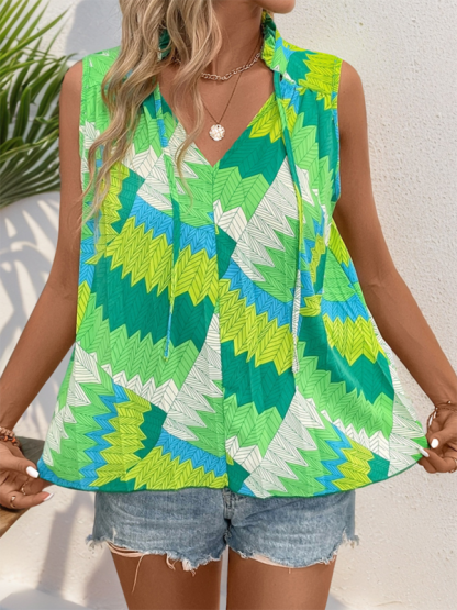 Blouses- Women Stand Collar Sleeveless Blouse with Tropical Print- - Chuzko Women Clothing