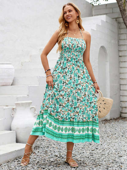 Cami Dresses- Boho Garden Halter Neck Floral Midi Dress- - Chuzko Women Clothing