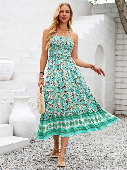 Cami Dresses- Boho Garden Halter Neck Floral Midi Dress- - Chuzko Women Clothing