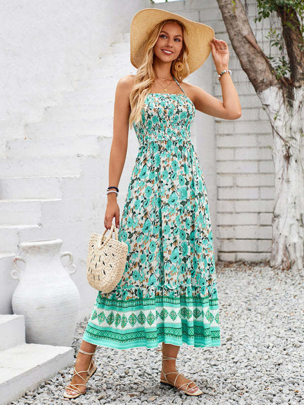 Cami Dresses- Boho Garden Halter Neck Floral Midi Dress- - Chuzko Women Clothing