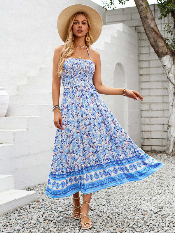 Cami Dresses- Boho Garden Halter Neck Floral Midi Dress- - Chuzko Women Clothing