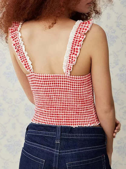 Camis Tops- Women's Gingham Smocked Cami Top- - Chuzko Women Clothing