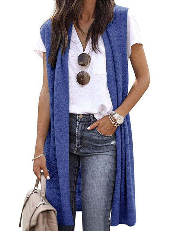 Cardigans- Solid Mid-Length Sleeveless Cardigan Vest with Open Front- Chuzko Women Clothing