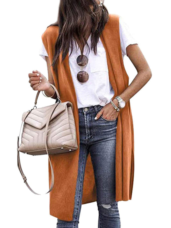 Cardigans- Solid Mid-Length Sleeveless Cardigan Vest with Open Front- Chuzko Women Clothing