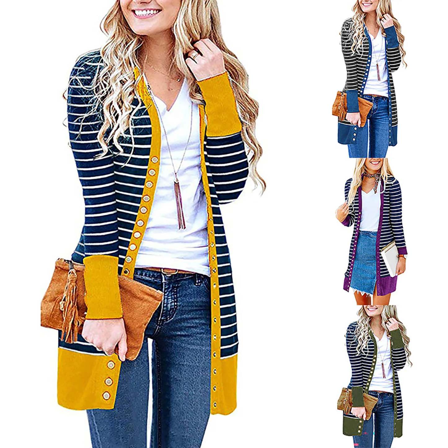 Cardigans- Striped Button-Up Duster Cardigan for Women- - Chuzko Women Clothing