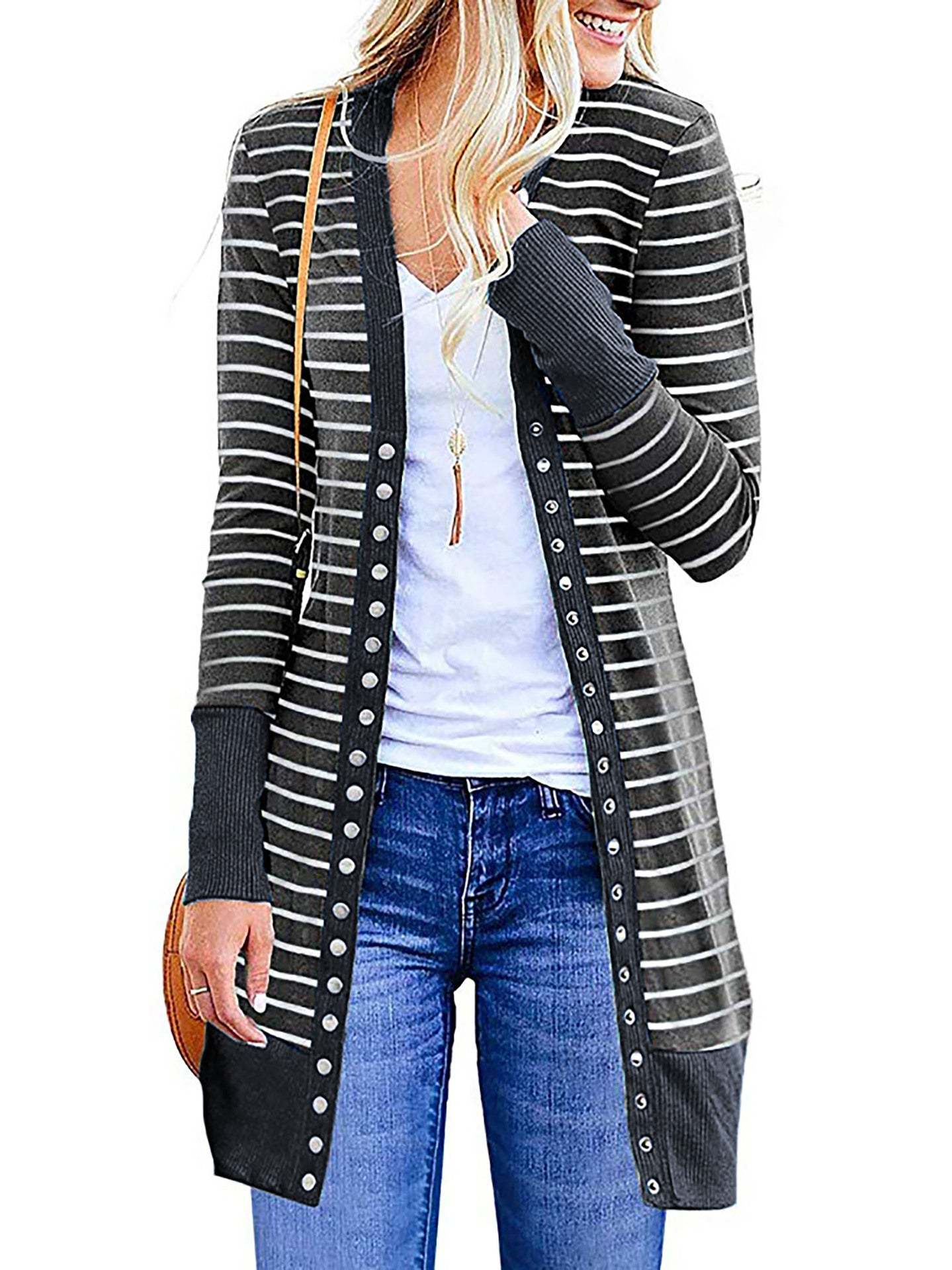 Cardigans- Striped Button-Up Duster Cardigan for Women- - Chuzko Women Clothing