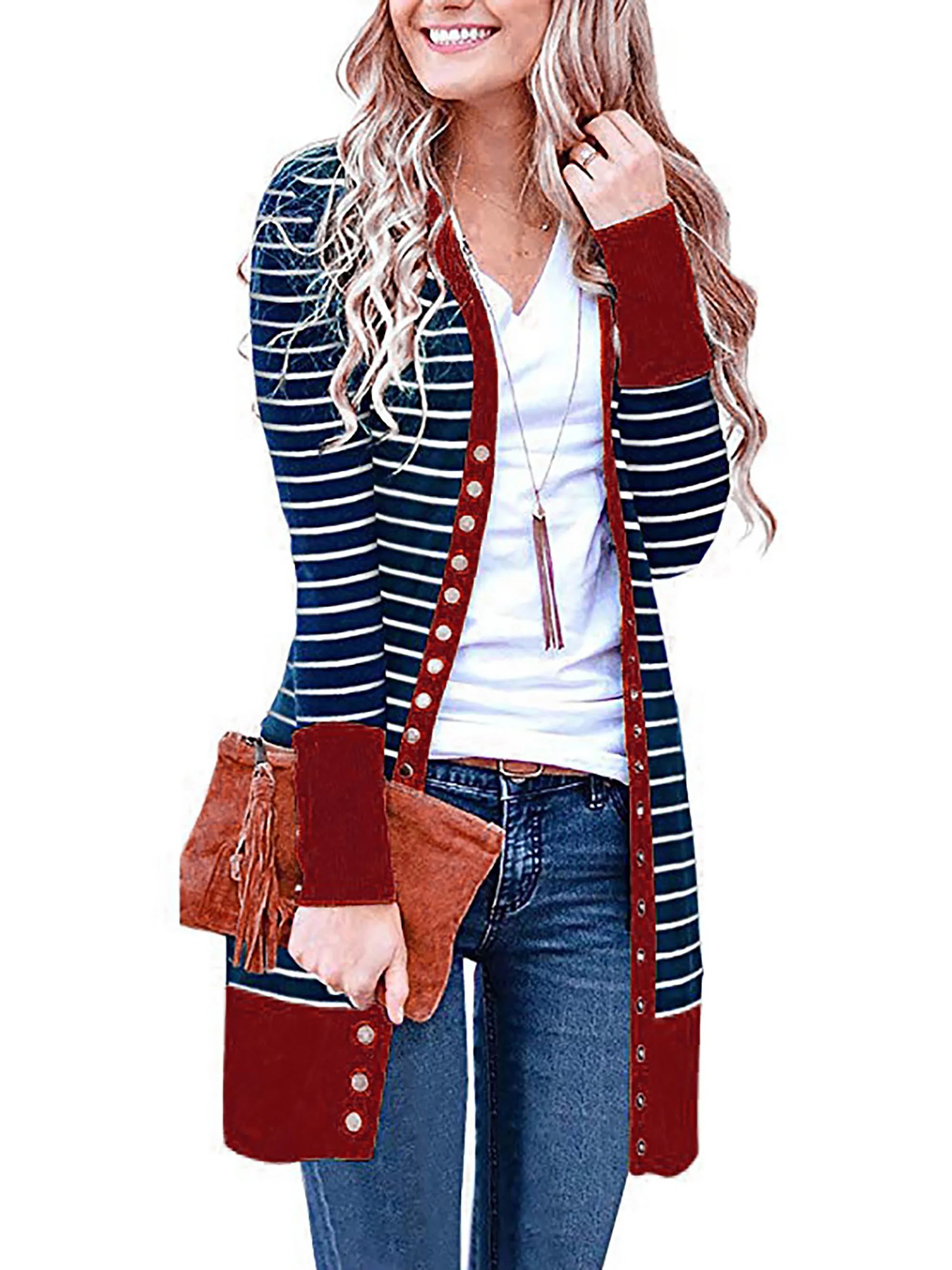 Cardigans- Striped Button-Up Duster Cardigan for Women- Burgundy- Chuzko Women Clothing