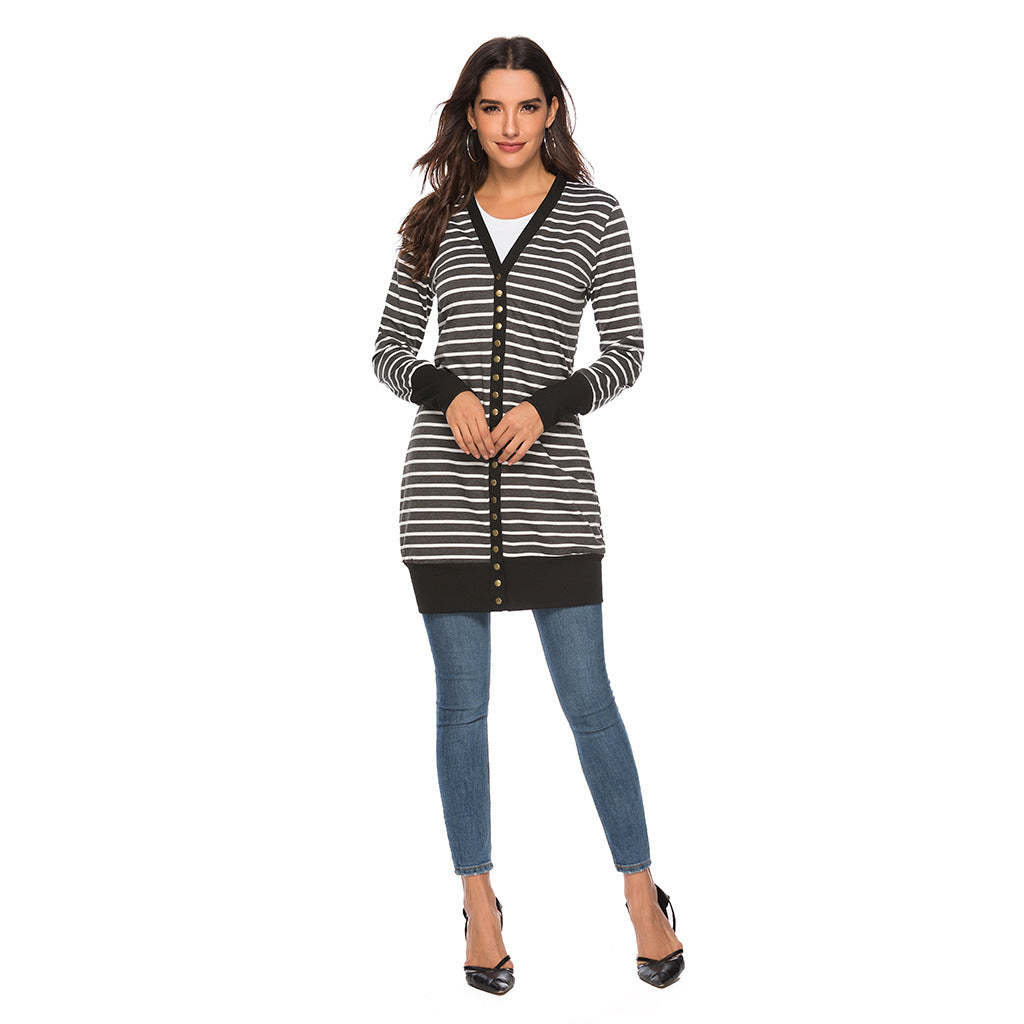 Cardigans- Striped Button-Up Duster Cardigan for Women- - Chuzko Women Clothing