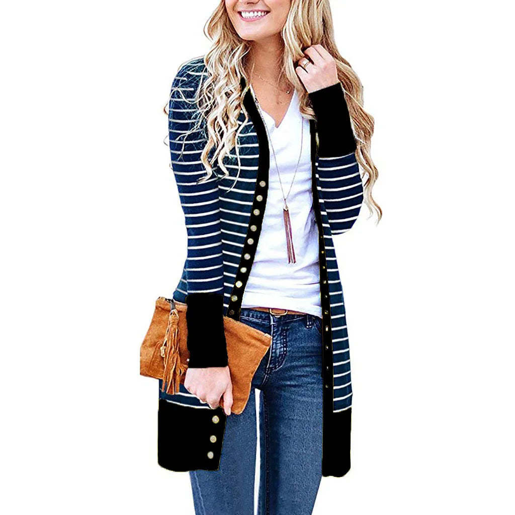 Cardigans- Striped Button-Up Duster Cardigan for Women- Black- Chuzko Women Clothing