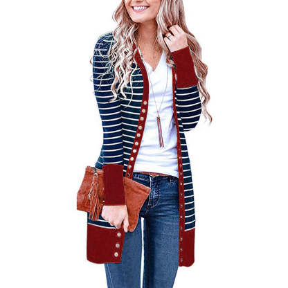 Cardigans- Striped Button-Up Duster Cardigan for Women- - Chuzko Women Clothing