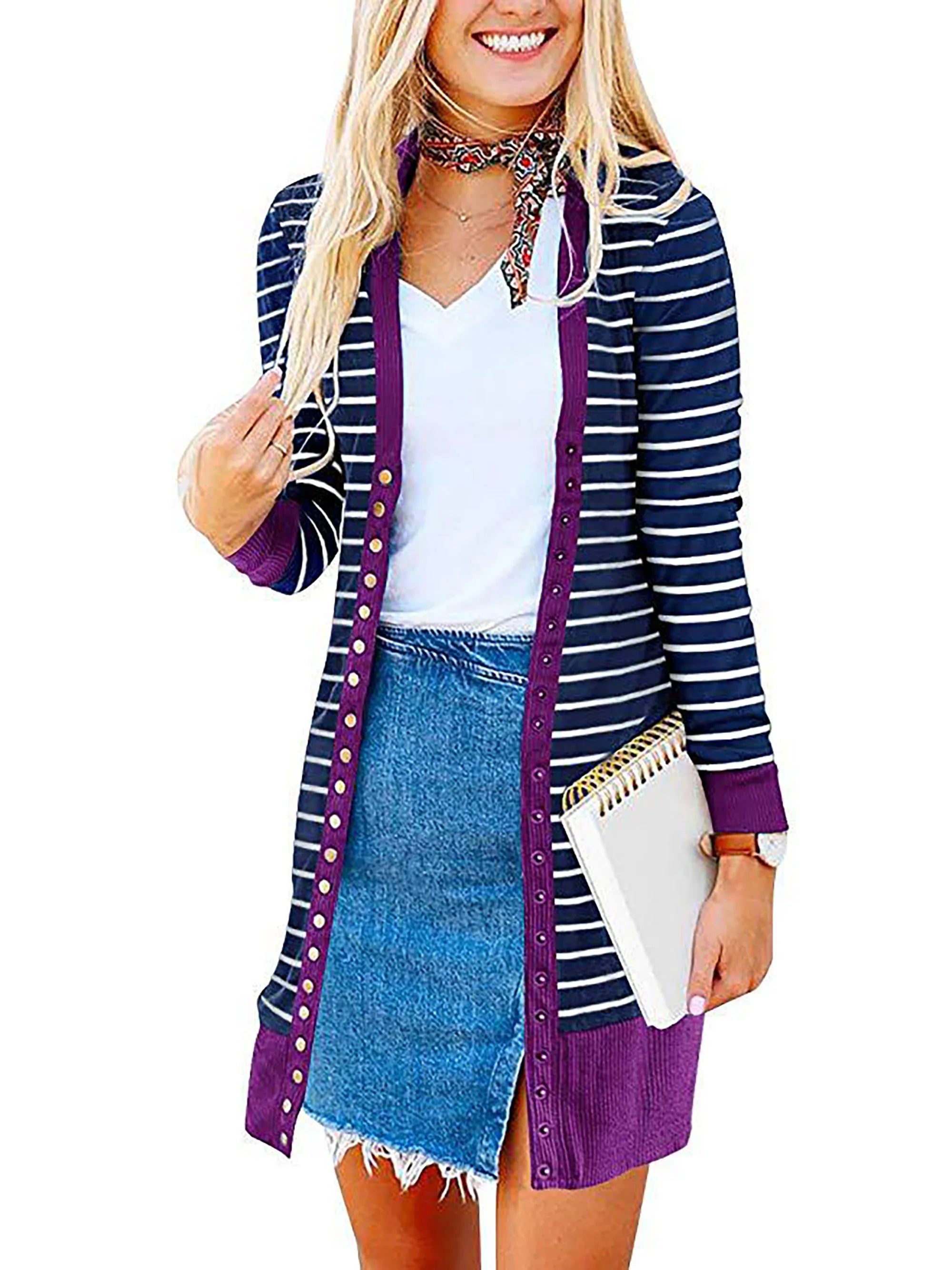 Cardigans- Striped Button-Up Duster Cardigan for Women- Purple- Chuzko Women Clothing