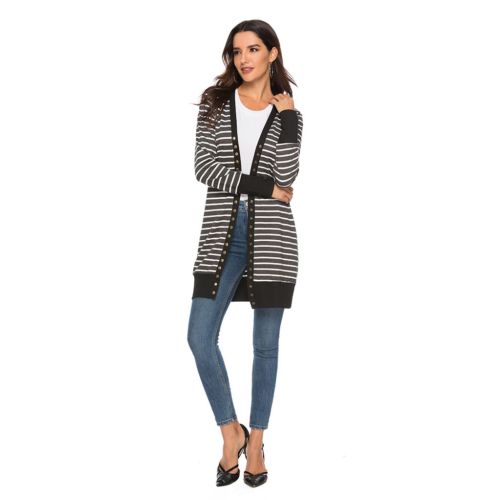 Cardigans- Striped Button-Up Duster Cardigan for Women- - Chuzko Women Clothing