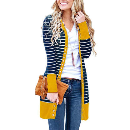 Cardigans- Striped Button-Up Duster Cardigan for Women- - Chuzko Women Clothing