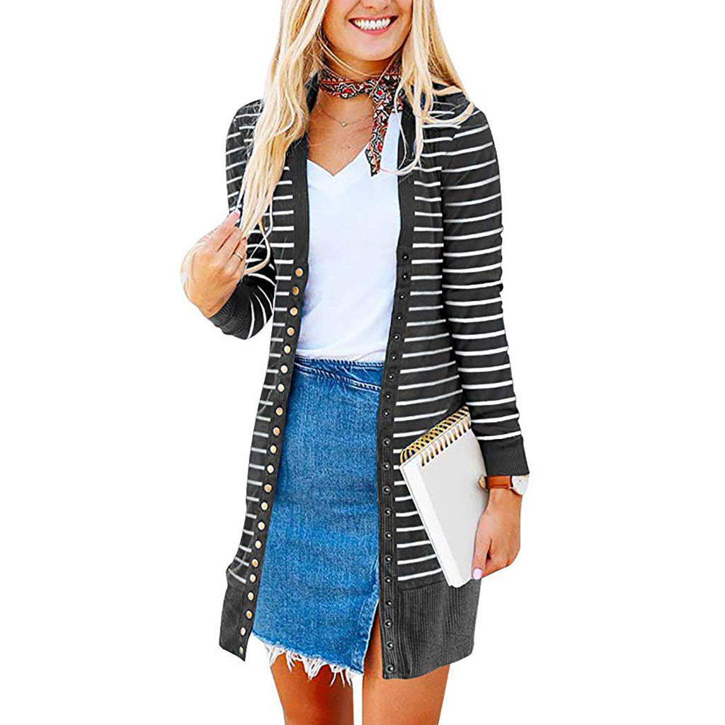 Cardigans- Striped Button-Up Duster Cardigan for Women- - Chuzko Women Clothing