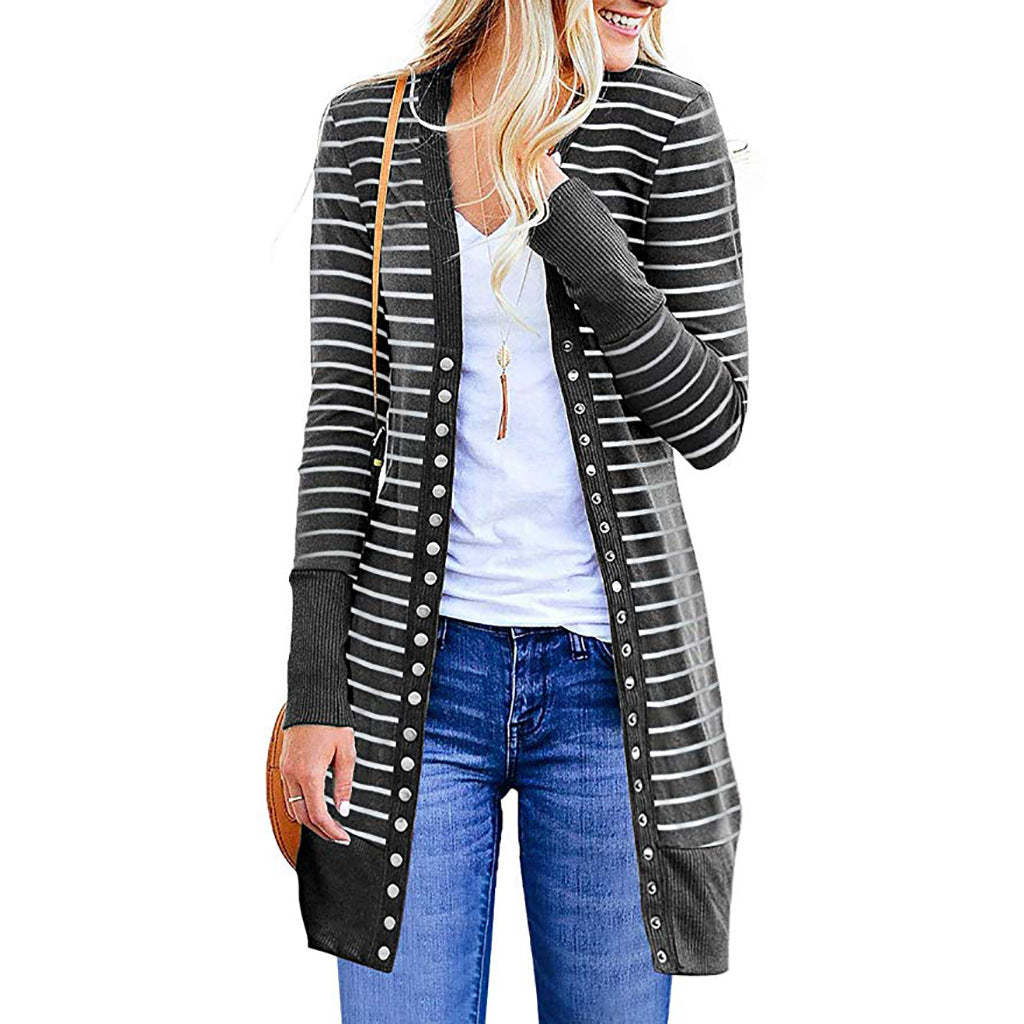 Cardigans- Striped Button-Up Duster Cardigan for Women- - Chuzko Women Clothing