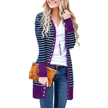 Cardigans- Striped Button-Up Duster Cardigan for Women- - Chuzko Women Clothing