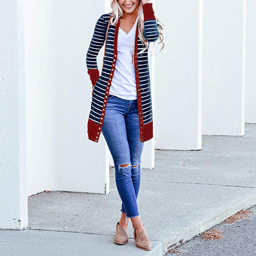 Cardigans- Striped Button-Up Duster Cardigan for Women- - Chuzko Women Clothing