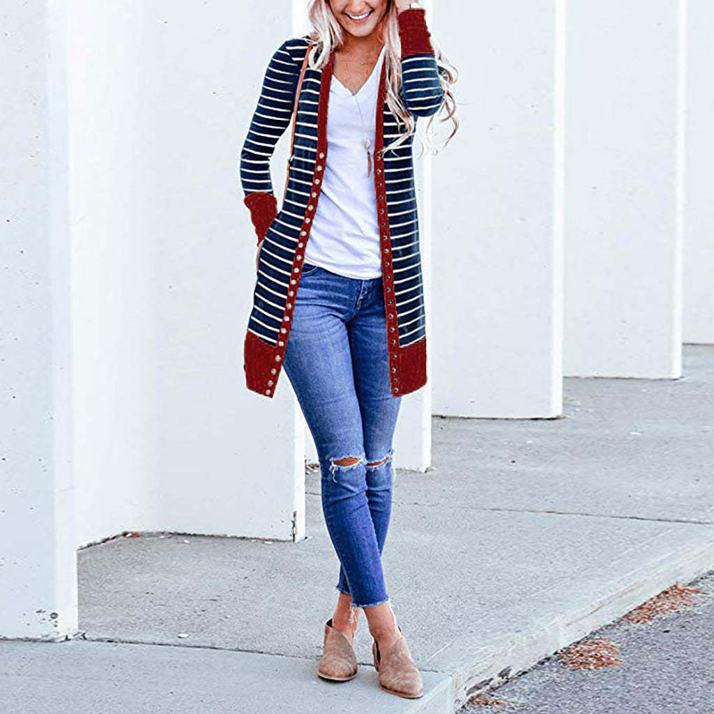 Cardigans- Striped Button-Up Duster Cardigan for Women- - Chuzko Women Clothing