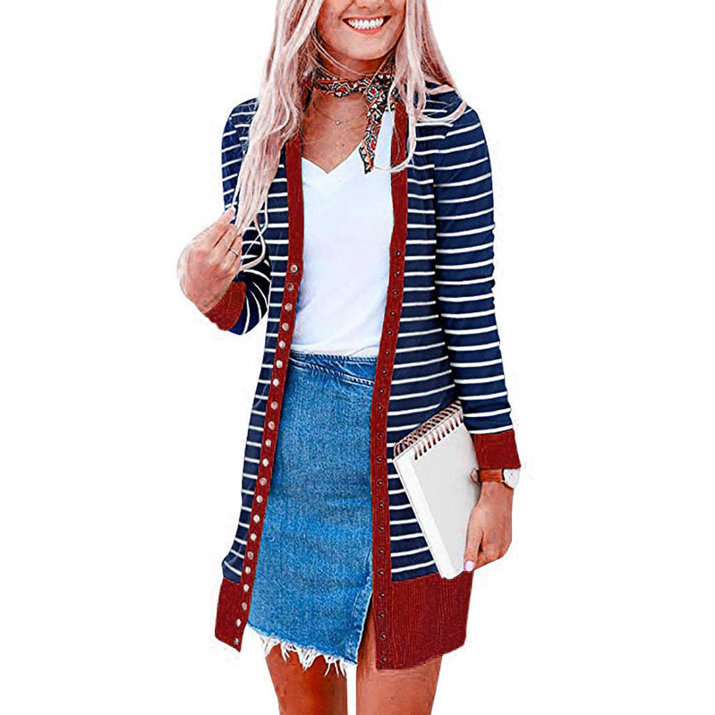 Cardigans- Striped Button-Up Duster Cardigan for Women- - Chuzko Women Clothing